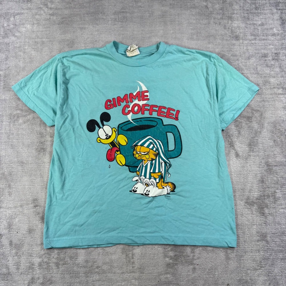 Garfield Shirt Mens Large Teal Gimme Coffee Odie Vintage 90s Donnkenny Thin